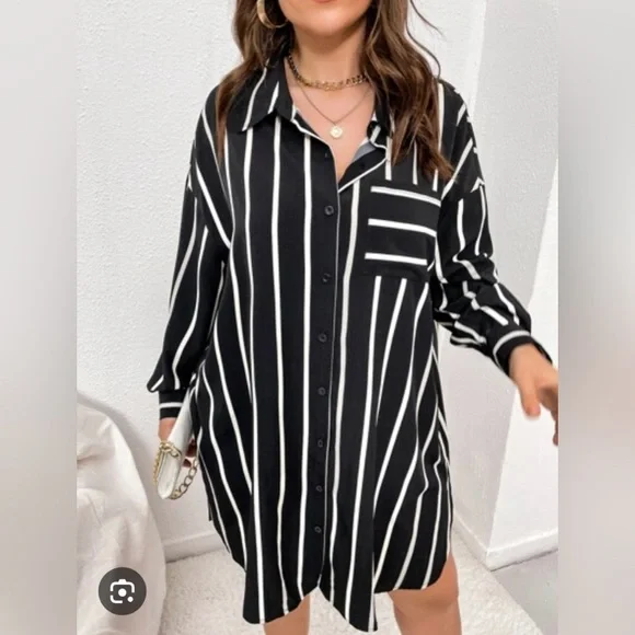 SHEIN Curve Black and White Striped Long Sleeve Button Down T-Shirt Dress - Picture 10 of 12